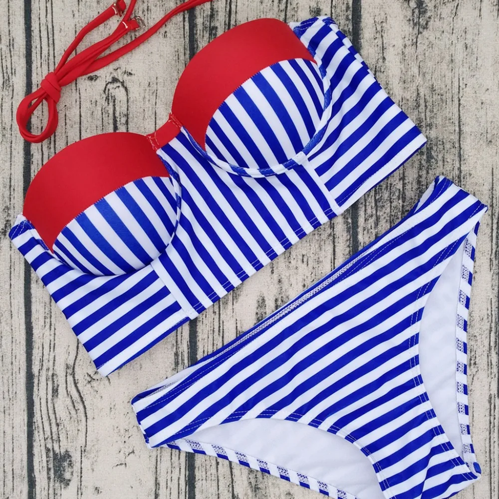 2018 новый летний женский сексуальный комплект бикини синий белый полосатый