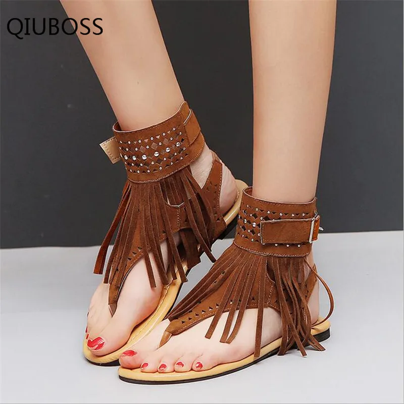 QIUBOSS 2018 Hot Summer New Bohemia Flat Women Sandals Tassel Woman Flip Flops Vintage Shoes Beach Plus Size 35-43 | Обувь