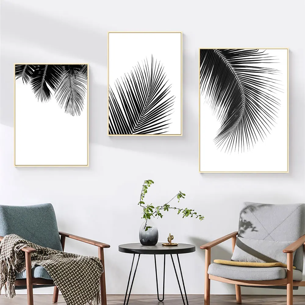 Тропические листья пальмы постер черно-белый абстрактный холст искусство