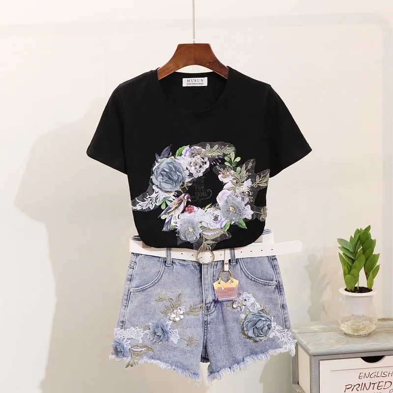 Весенне летний комплект модной вышивки 3D цветок Дамская Футболка Топы джинсовые