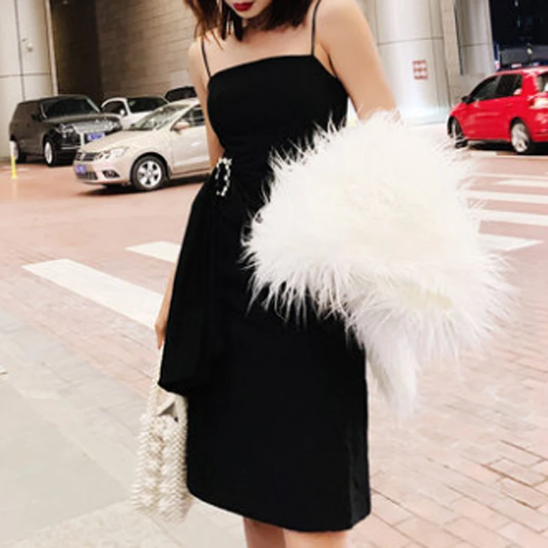 INDRESSME 2019 New Black dress Spaghetti Straps Sleevelss Backless Bodycon Asymmetrical Hem Women With Diamond Belt Midi Dress | Женская