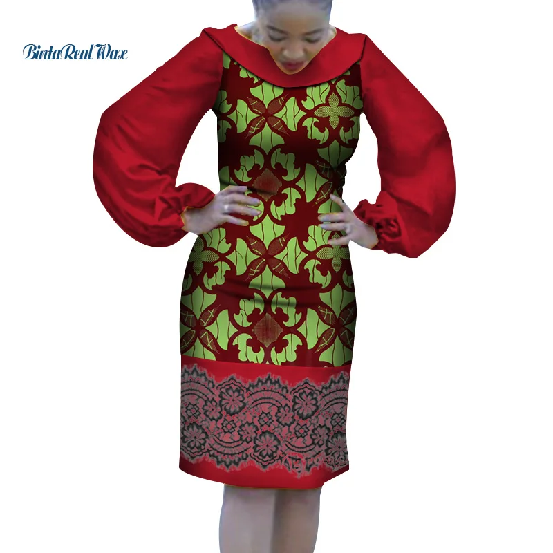 

2021 Dashiki African Print Dresses for Women Bazin Riche Ankara Lantern Sleeve Lace Dresses Traditional African Clothing WY4258