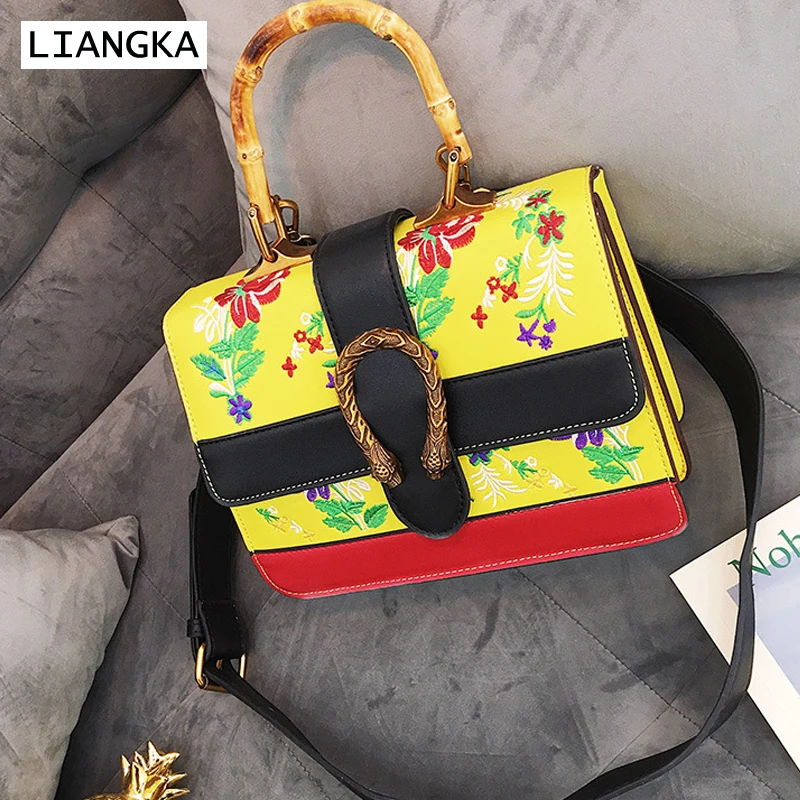 LIANGKA искусственная кожа женская модная сумка Цветочная вышивка бамбуковая ручка