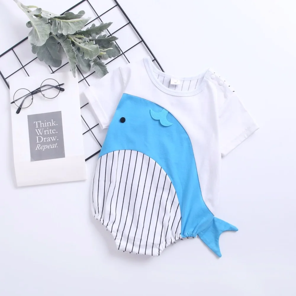 

Free Ship Unisex Newborn Toddler Romper Short Sleeve O-Neck Cotton Body Suit One-Piece Blue Big Whale Baby Anime Costume Outfits