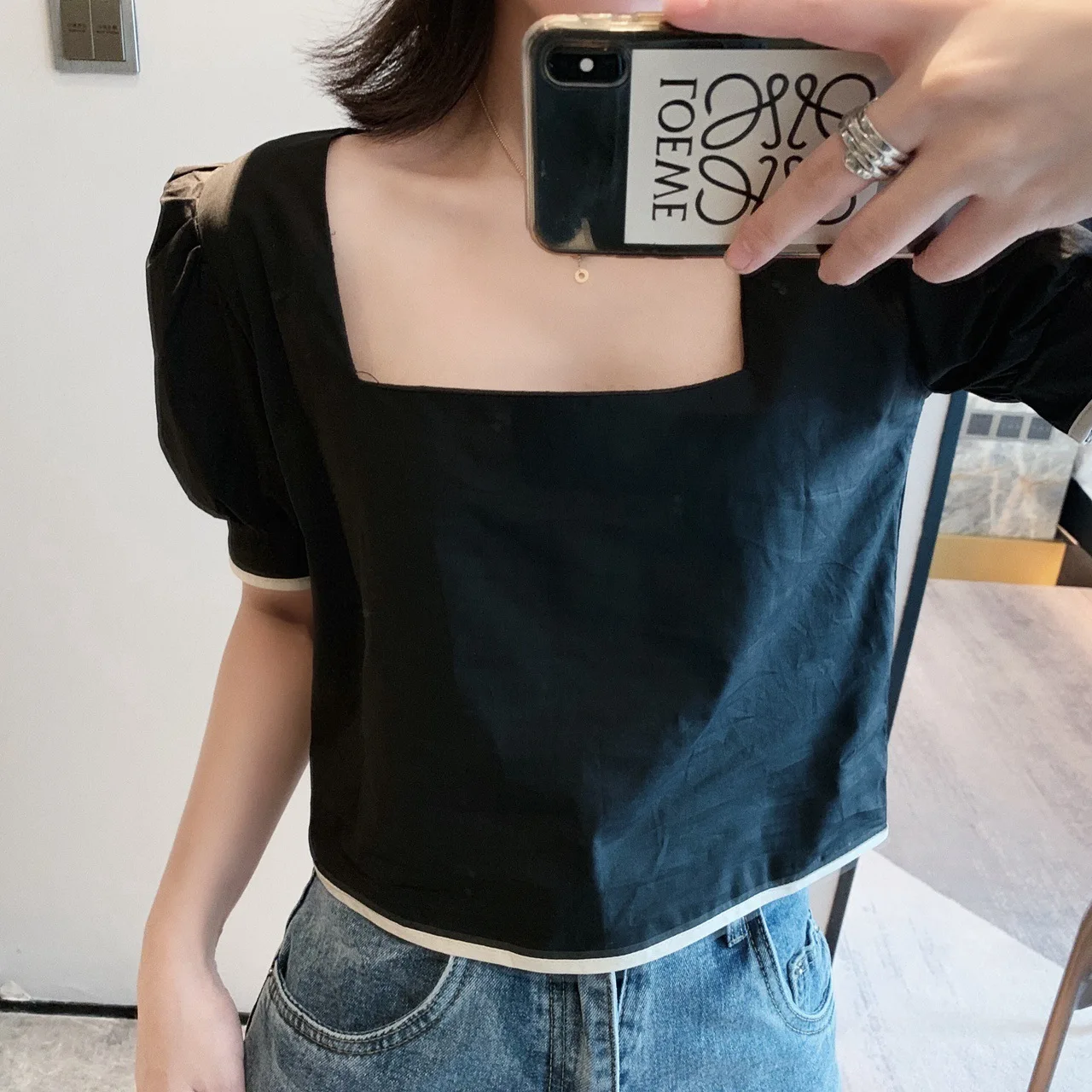 Женская хлопковая Футболка DEAT Короткий воротник с рукавами-фонариками WG64100 лето