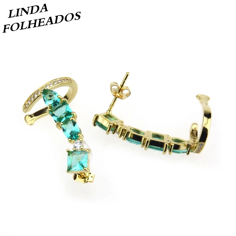 Женские серьги гвоздики золотого/серебряного цвета с зеленым фианитом вечерние