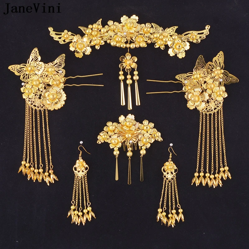 JaneVini Chinese Handmade Vintage Hair Clip Bridal Headwear Crown Golden Tassel Hairpin Earring Women Jewelry Hair Accessories