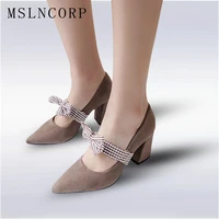 plus size 34 45 new women pumps fashion new design comfortable square heels quality high pointed toe butterfly knot sweet shoes
