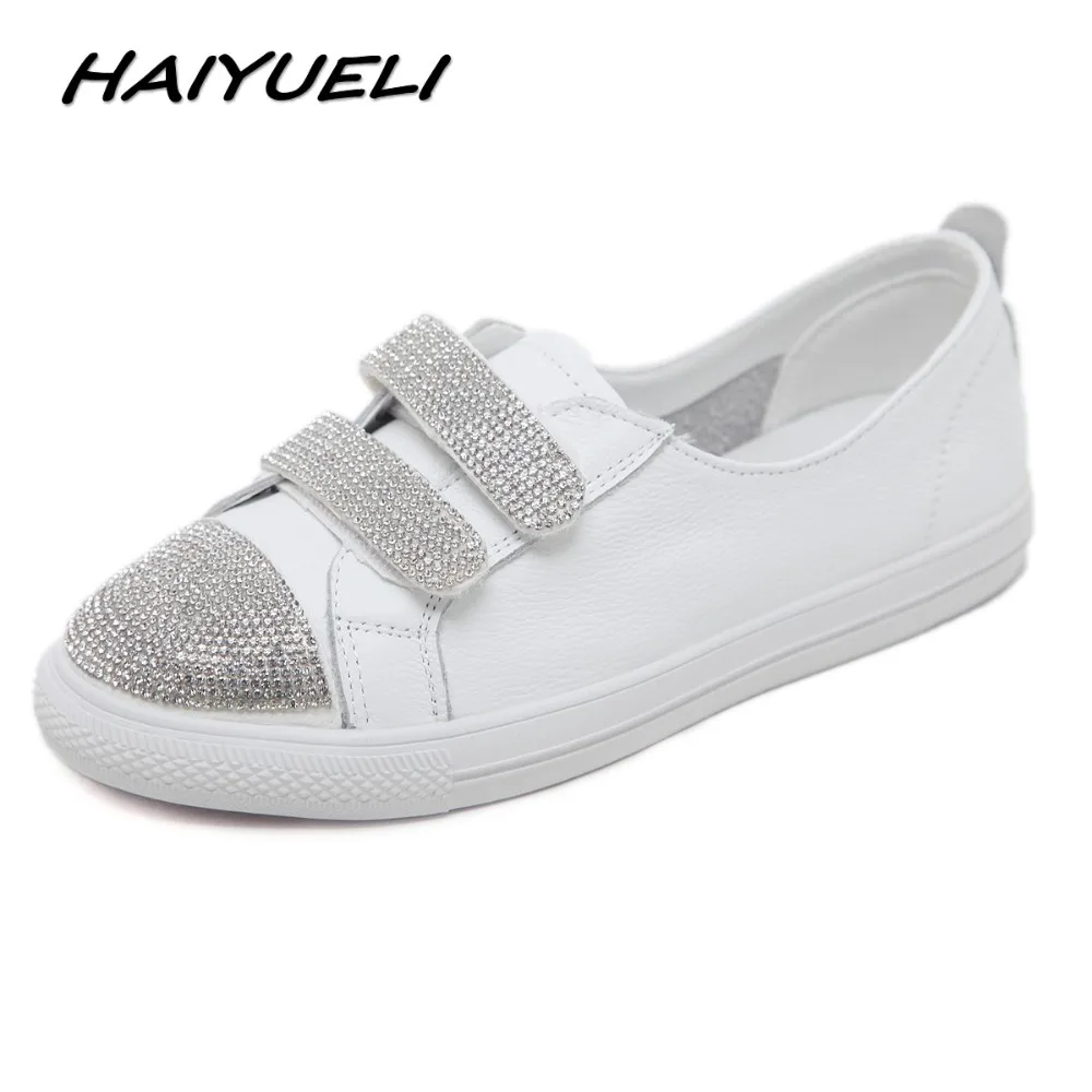 HAIYUELI Women Genuine Leather Casual Flat Skate Sneaker Shoes Woman Round Toe Fashion Crystal Female Footwear Slip on shoes | Обувь