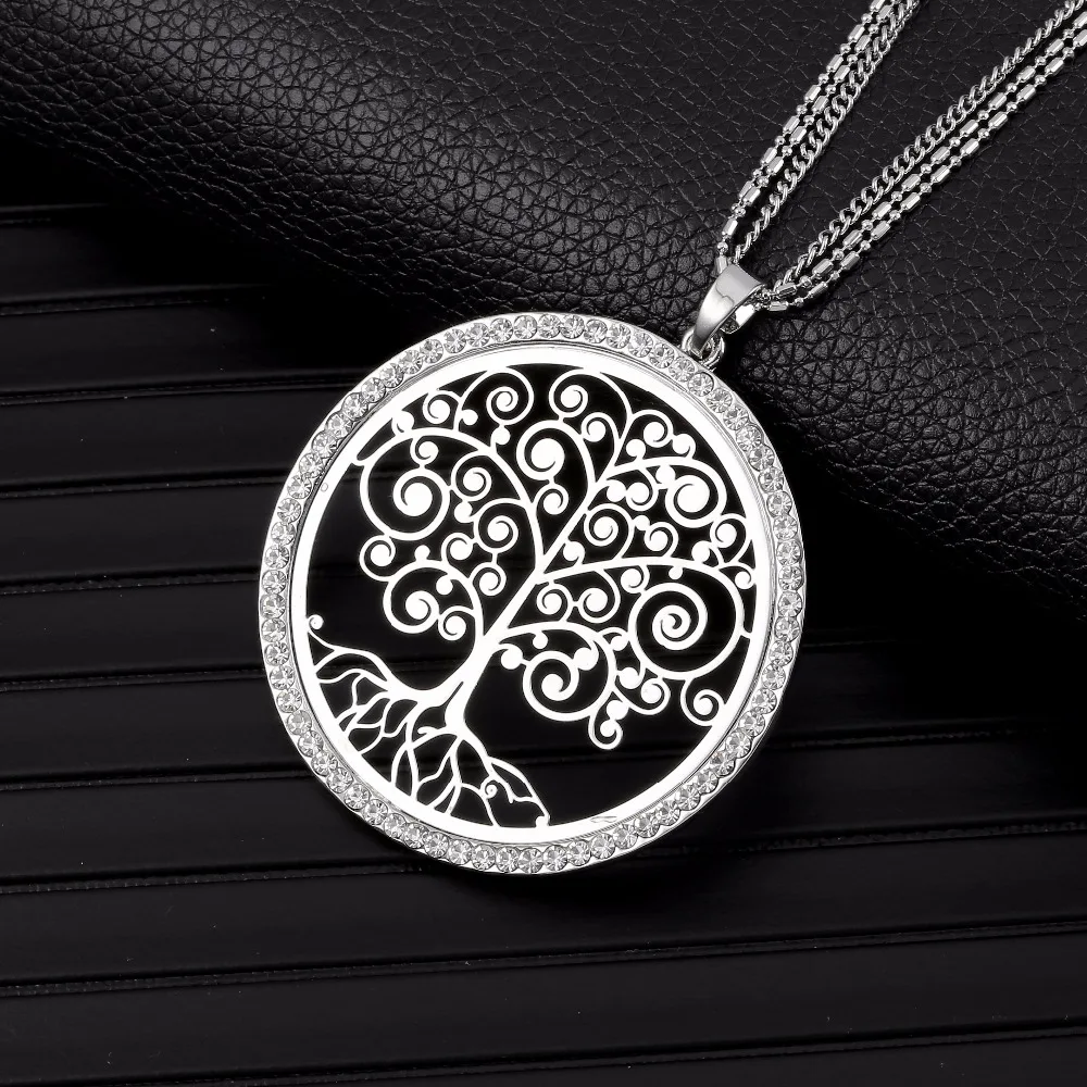 Silvery Tree Of Life Necklaces for Women Long Sweater Chain female Rhinestone Round Pendant Gift 2020 wholesale price | Украшения и