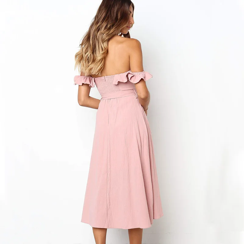 Женское платье с рюшами и открытыми плечами на пуговицах | Женская одежда