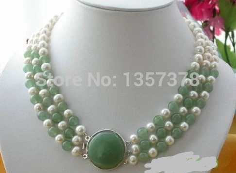 Bjc 000105 3row 9 ММ БЕЛЫЙ КРУГЛЫЙ FW ЖЕМЧУГ ЗЕЛЕНЫЙ НЕФРИТ ОЖЕРЕЛЬЕ (c0323)|green jade necklace|jade