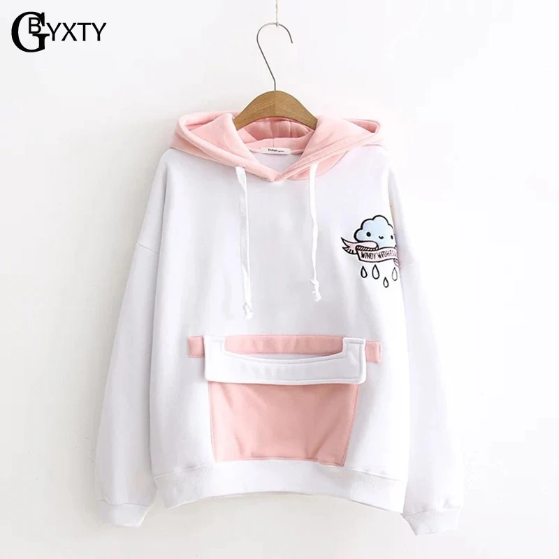 GBYXTY корейский стиль мультфильм вышивка Kawaii толстовка женская с длинным рукавом капюшоном карман толстые пуловеры Толстовки Пот ZA273