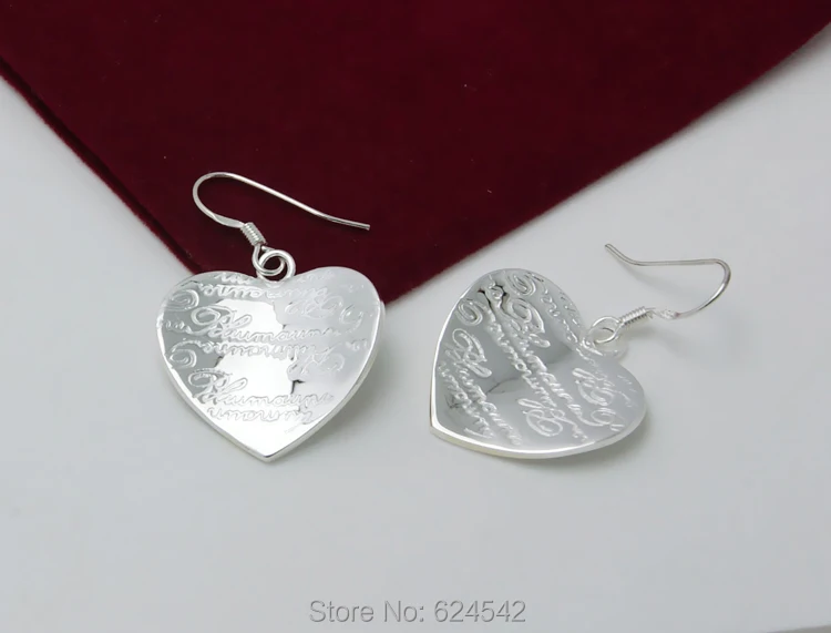 Ms 925 sterling silver earrings. Korean pop earrings heart-shaped pendant. Engraving letters love of gift.Wholesale and retail | Украшения