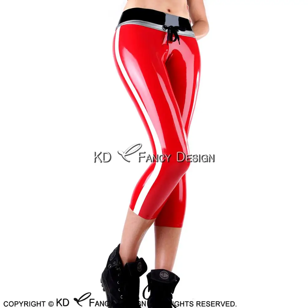 Sexy Latex Leggings Calf Length With Stripes And Lacing Front Rubber Pants Jeans Trousers Bottoms CK-0052 |