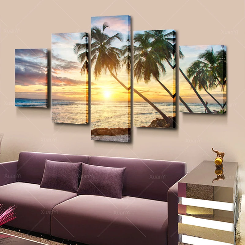

5 Panel Modern Wall Decor Tropical Seascape Canvas Paintings Wall Pictrures For Living Room Tropical Seascape Painting Unframed