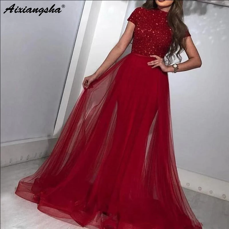 

Red Evening Dresses Mermaid Sequined with Detachable Tulle Skirt Dubai Saudi Arabic Long Evening Gowns robe de soiree