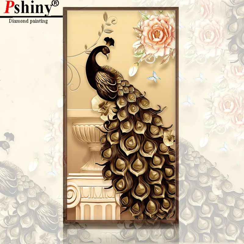 PSHINY DIY 5D алмазная вышивка распродажа черно-золотые картины с изображением павлина из кристаллов полная дрель круглые стразы