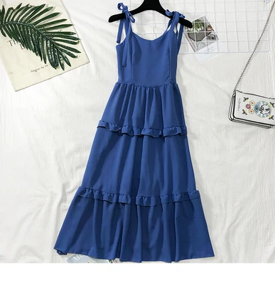 dark blue SINGRAIN, женское хлопковое льняные ремни, длинное платье, летнее, Многоуровневое, на бретельках, с рюшами, сарафан, повседневное, богемное, без рукавов, однотонное, с оборками, платье - Цвет: dark blue