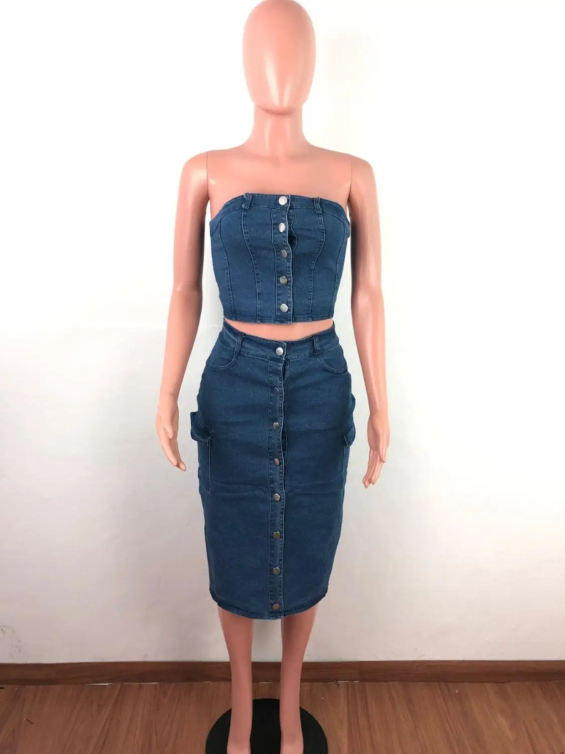 Женский джинсовый Топ без бретелек с карманами на кнопках короткий топ средней