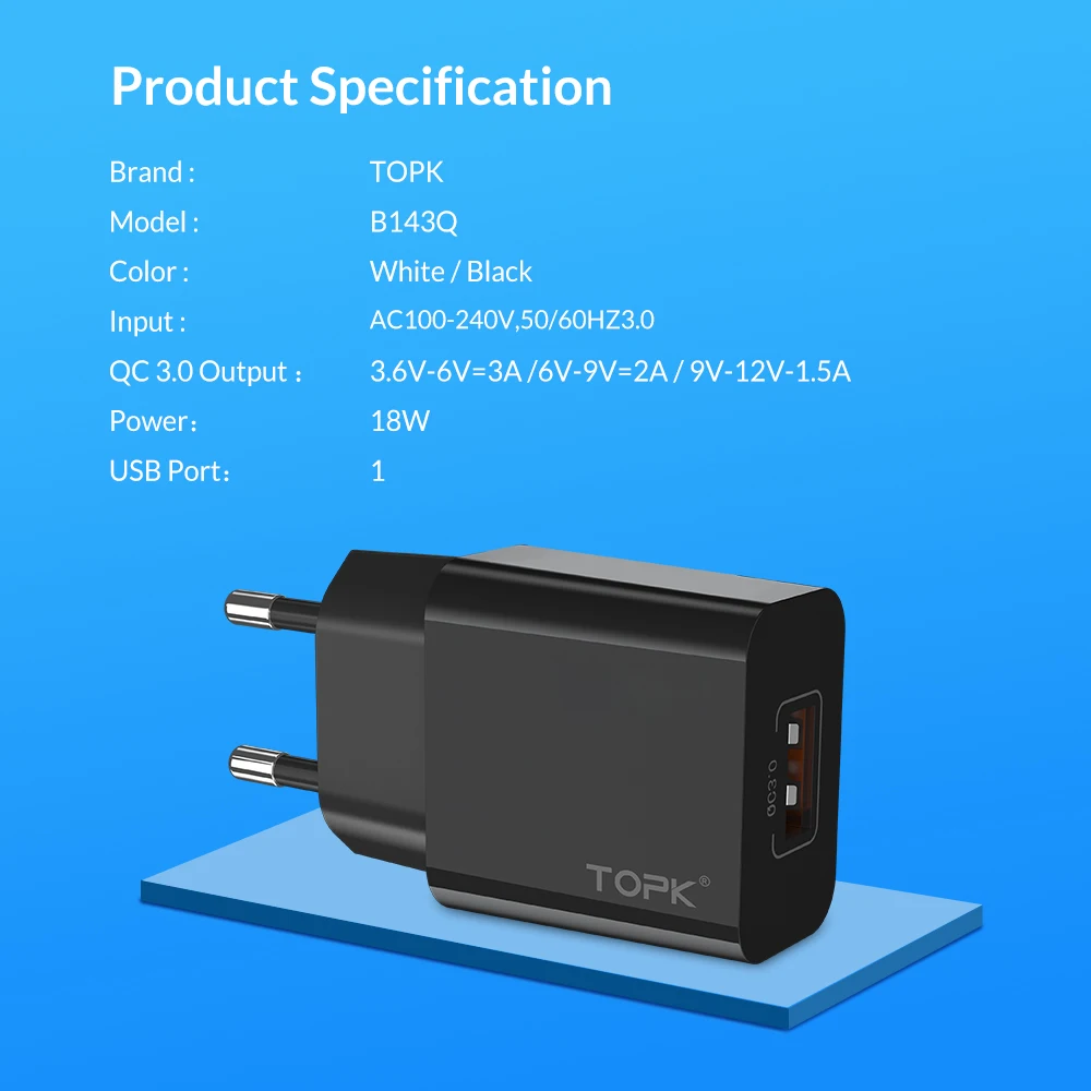 TOPK 18 Вт QC 3 0 USB быстрое зарядное устройство для телефона iPhone huawei Xiaomi samsung