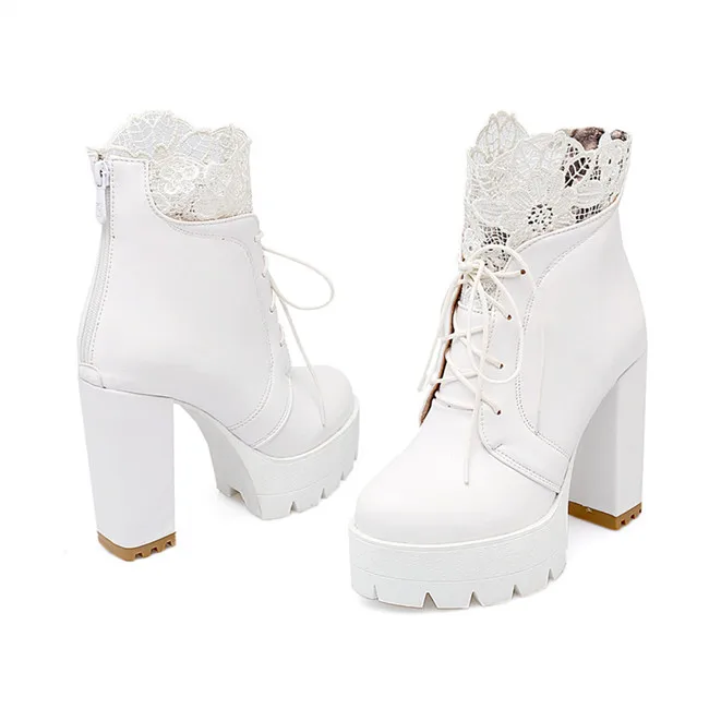 YMECHIC Lady Lace Up Platform Block High Heel Ankle Short Motorcycle Boots White Black Womens Autumn Gothic Shoes Plus Size