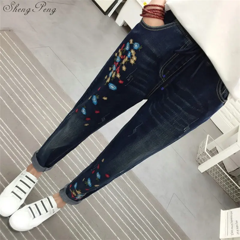 2019 для женщин с вышивкой джинсы высокой талией женские в стиле бойфренд Q659|Узкие