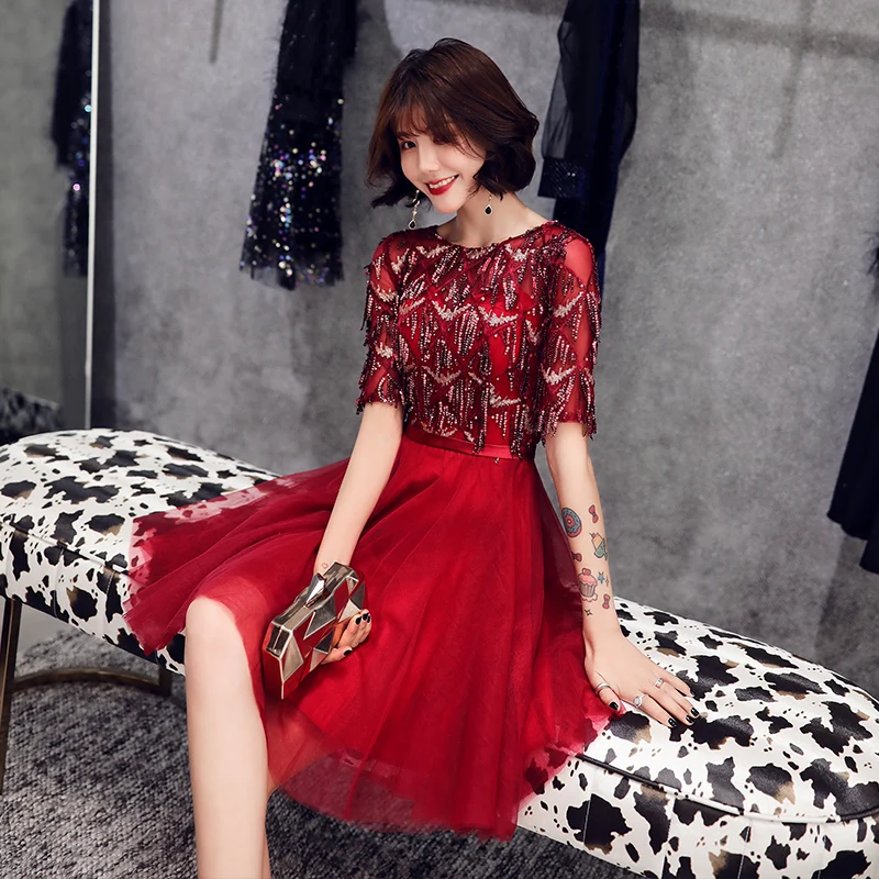 wei yin 2020 Robe De Cocktail Courte Tasse Elegant A Line Short Sleeve Tulle Dresses Wine Red Formal Party Gowns WY1608 | Свадьбы и