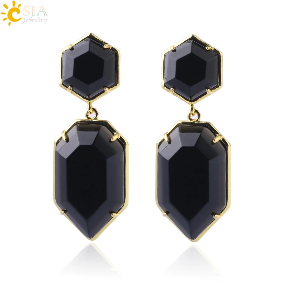 Black Agate CSJA полигоны кристалл серьги гвоздики для женщин золотой цвет длинные сережки с натуральным камнем фиолетовый белый кварц черная бижутерия из оникса F780 - Окраска металла: Black Agate