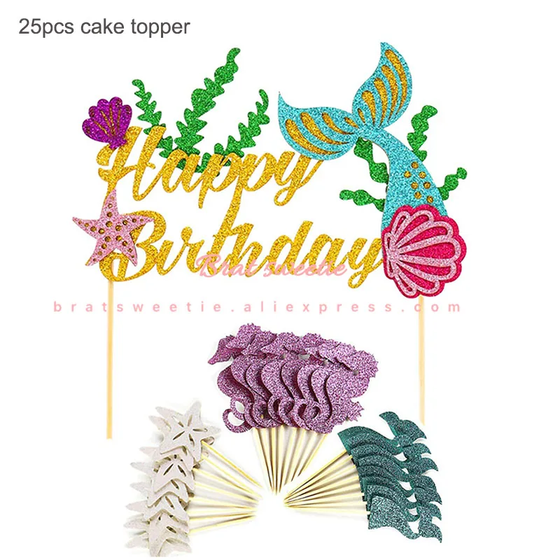 25pcs MMD caketopper Искра Русалка в виде ракушки бумажные тарелки и стаканы посуда Русалка тема, детский душ одежда для свадьбы, дня рождения украшения свадебные принадлежности - Цвет: 25pcs MMD caketopper