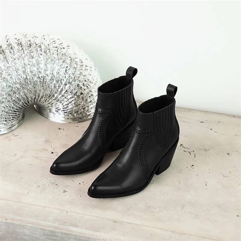 FEDONAS Women High Heels Ankle Boots Autumn Winter Genuine Leather Motorcycle Chelsea Boots Fashion Party Dancing Shoes Woman