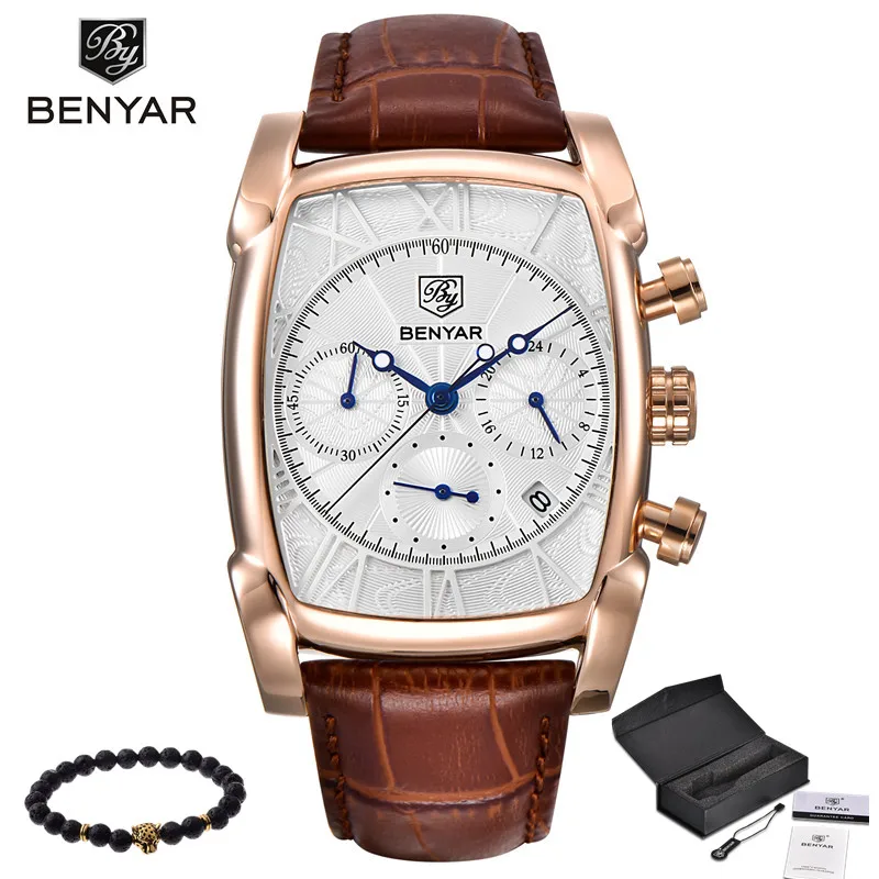 Gold white BENYAR спортивные военные мужские часы Топ люксовый бренд Мужские кварцевые часы с хронографом кожаные армейские мужские часы Relogio Masculino - Цвет: Gold white