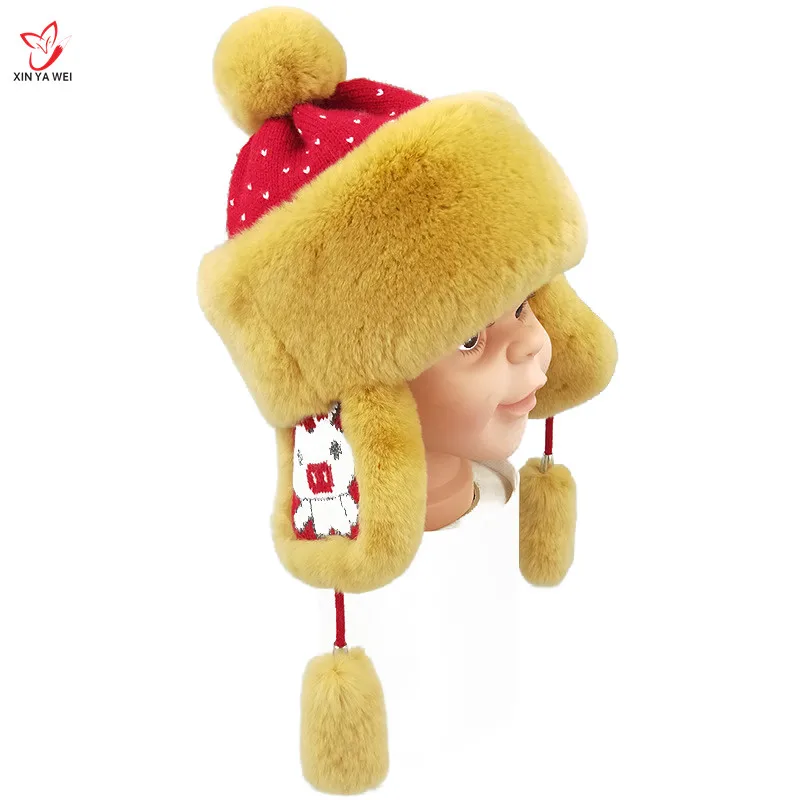 Зимняя детская вязаная меховая шапка с натуральным кроличьим мехом модная