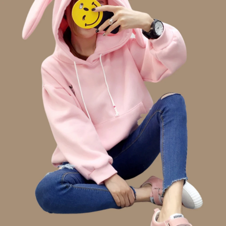 Вышитая Толстовка с заячьими ушками простой Свитшот Kawaii Bunny Poleron Mujer 2019 кенгуру
