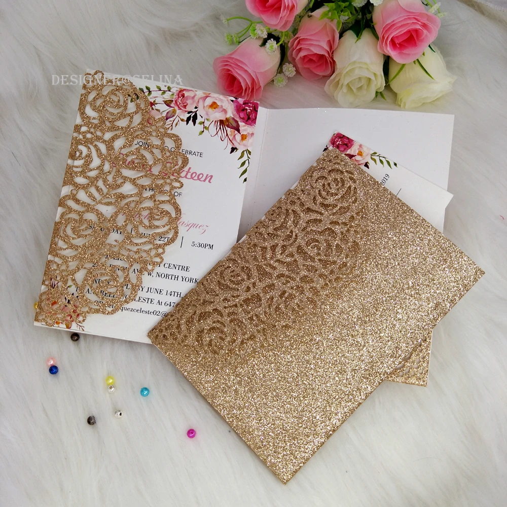 Роскошные блестящие свадебные приглашения с открытка RSVP Роза Золотая лазерная