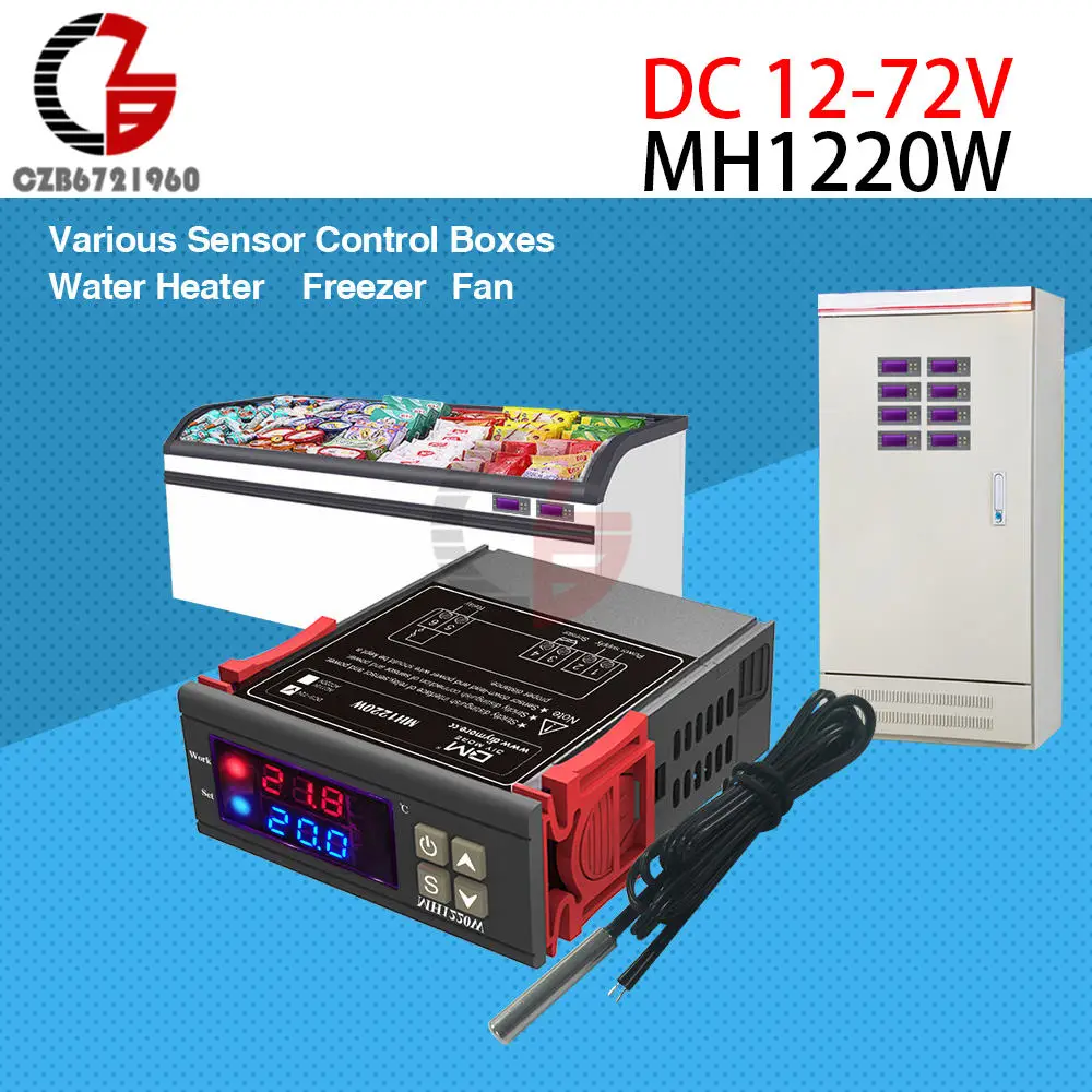 MH1220W DC 12V-72V 2-канальный светодиодный термостат с двойным выходом, цифровой регулятор температуры, переменный ток, 110 В, 220 В, постоянный ток, 12 В, инкубатор, Датчик нагрева и охлаждения, термометр - Цвет: MH1220W DC 12V-72V