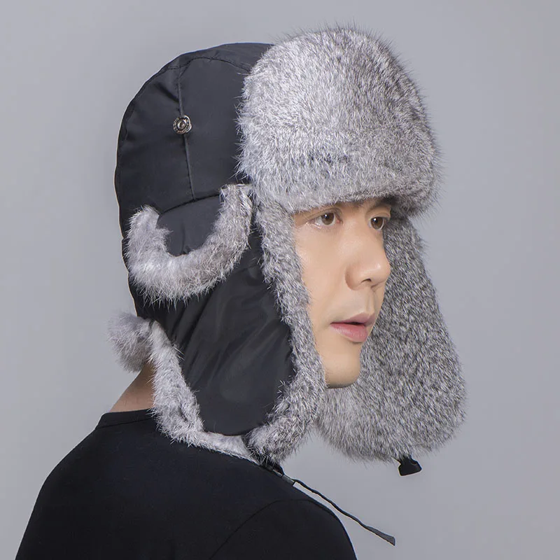 black and grey fur MS. MinShu шапка из меха кролика рекс зимняя Лыжная шапка унисекс из натурального кроличьего меха шапка-ушанка из натурального меха шапка-бомбер для мужчин и женщин - Цвет: black and grey fur