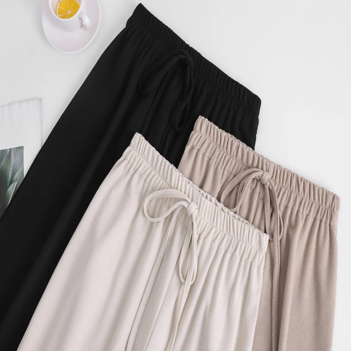 Womem wide leg pants fashion female vintage elegant elastic waist thin meryl knitted pant casual trousers 2019 summer autumn | Женская
