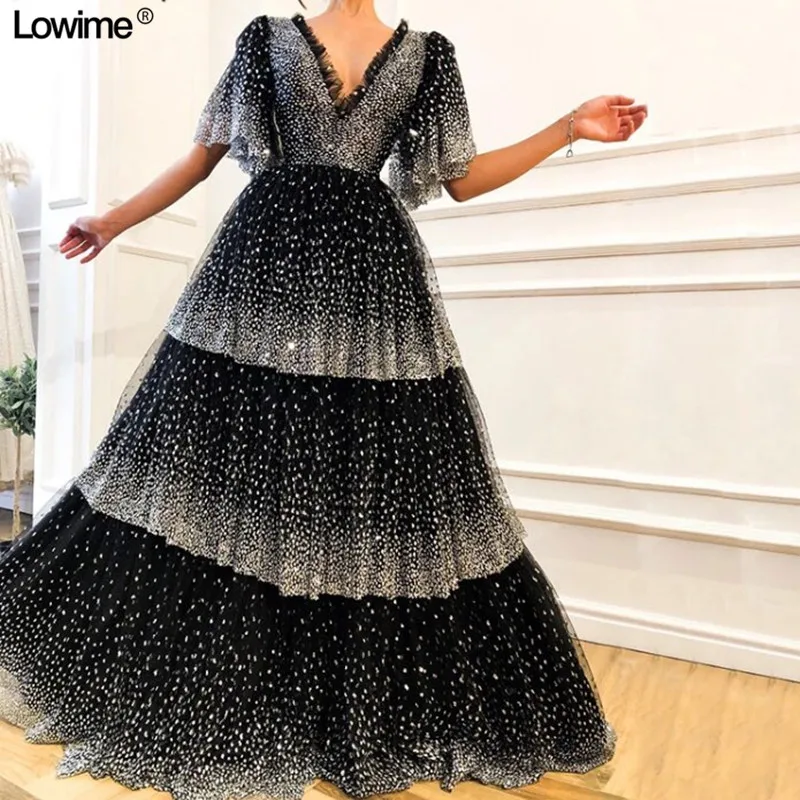 Многоярусные черные Серебристые блестящие вечерние платья Дубая длинные с V