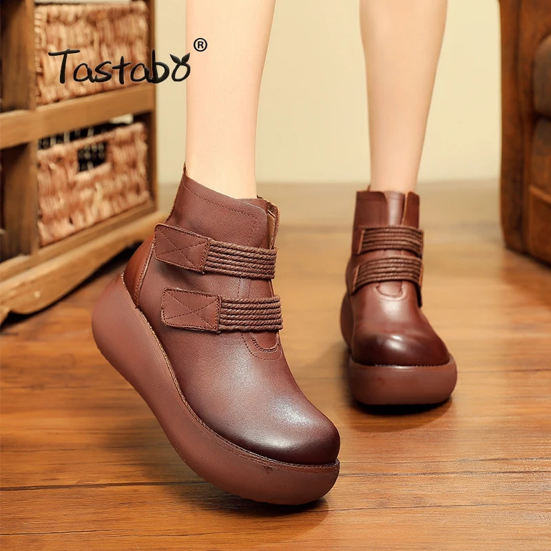 Tastabo/ботинки на платформе женские ботильоны из натуральной кожи мягкая черная