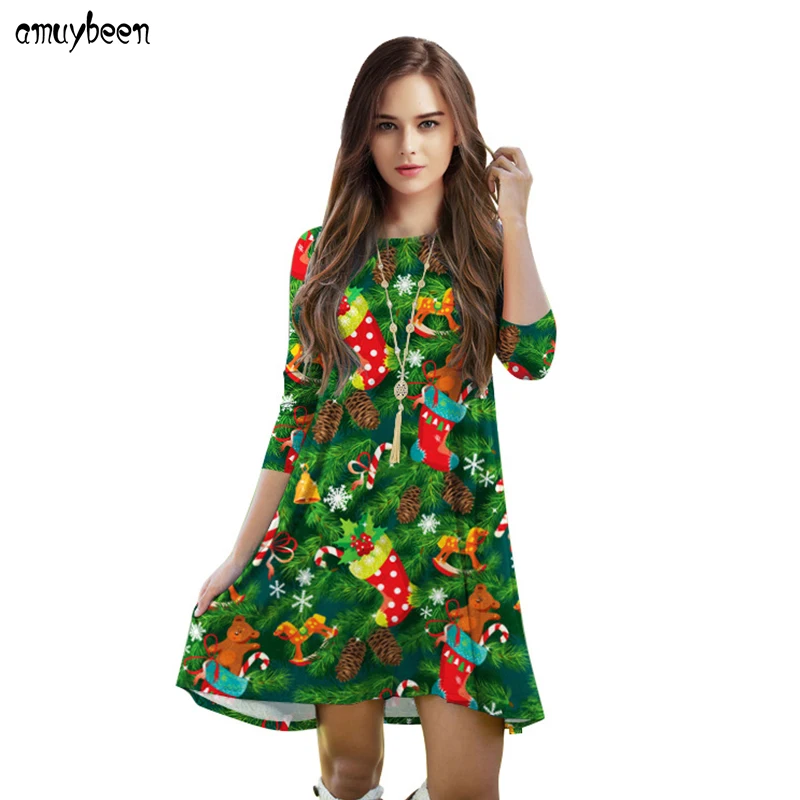 платья Рождественские жениские зима 2017 новогодний оленей ёлка Санта Клаус
