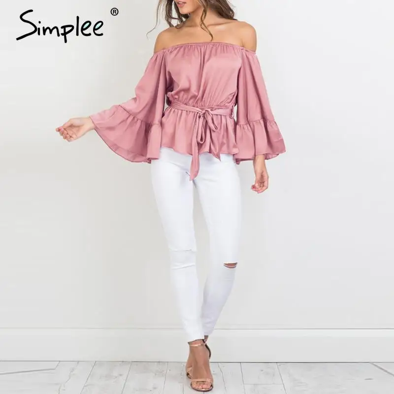 Simplee Apparel sexy с плеча рюшами лук блузка рубашка Мягкие атласные flare рукавом летом