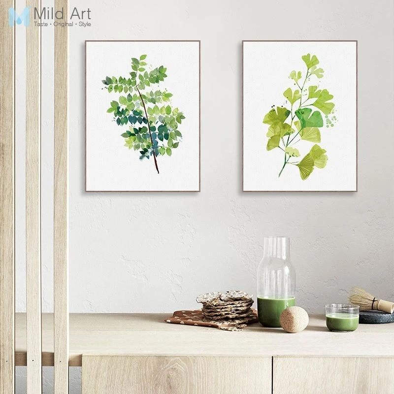 Минималистичный акварельный плакат и печать зеленых растений в скандинавском