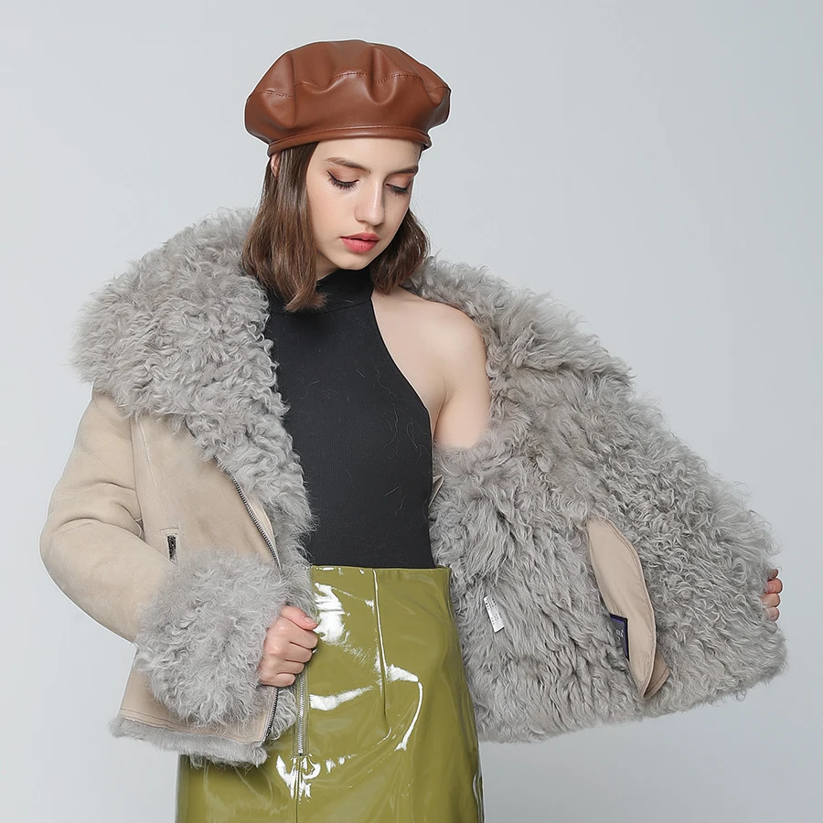 OFTBUY, зимняя куртка для женщин, настоящее двустороннее меховое пальто, натуральная монгольская овечья шерсть, парка, Байкерская уличная одежда, винтажная мода