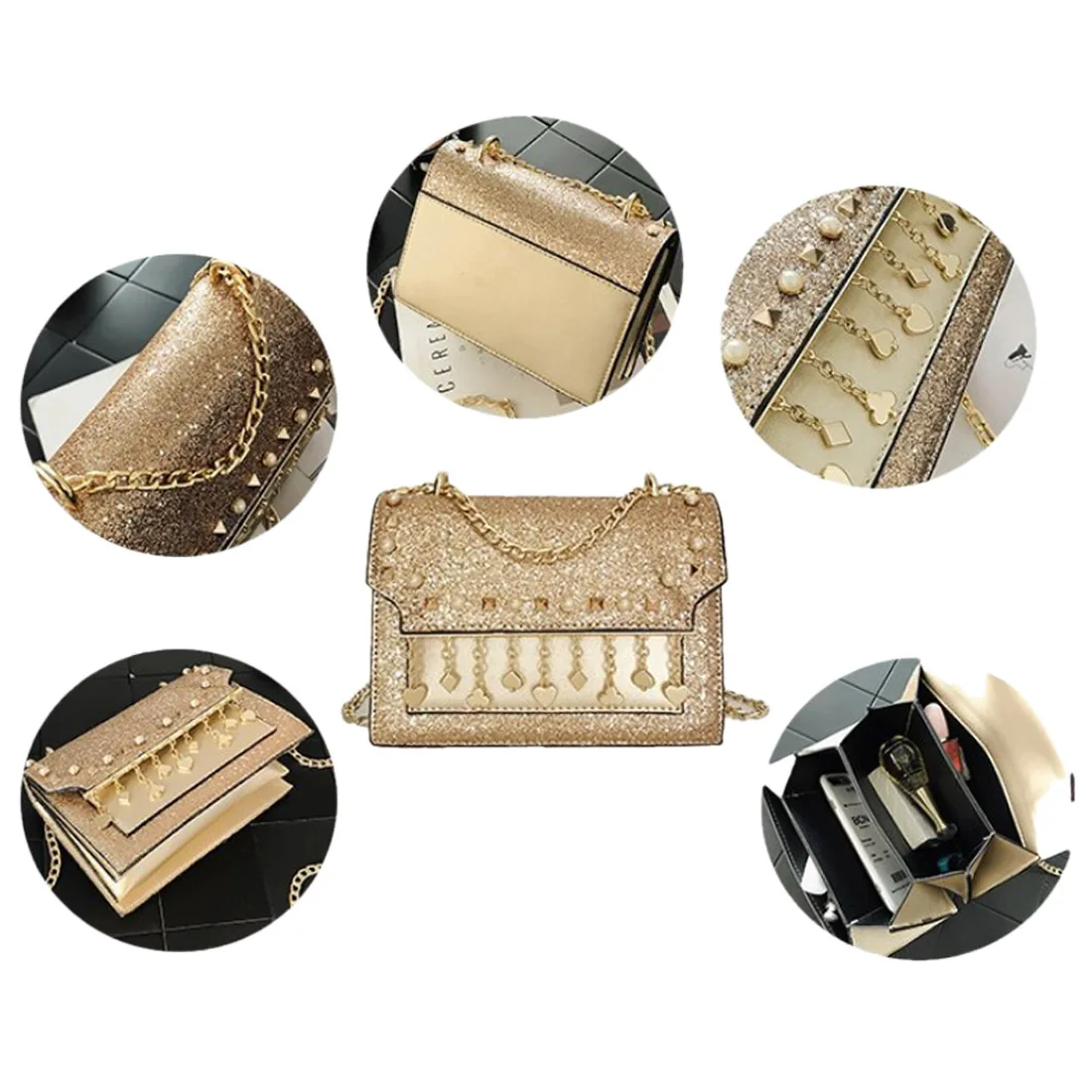 2018 Роскошные Для женщин Сумки Леди заклепки блестка Дизайн цепи мешок квадратный