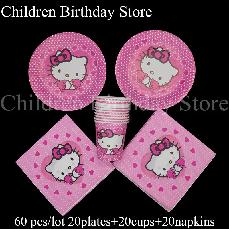 60 шт./лот рисунок «Hello Kitty» столовая посуда наборы рисунок «Hello Kitty» тема одноразовые тарелки салфетки для стаканчиков рисунок «Hello Kitty» вечерние наборы для 20 человек