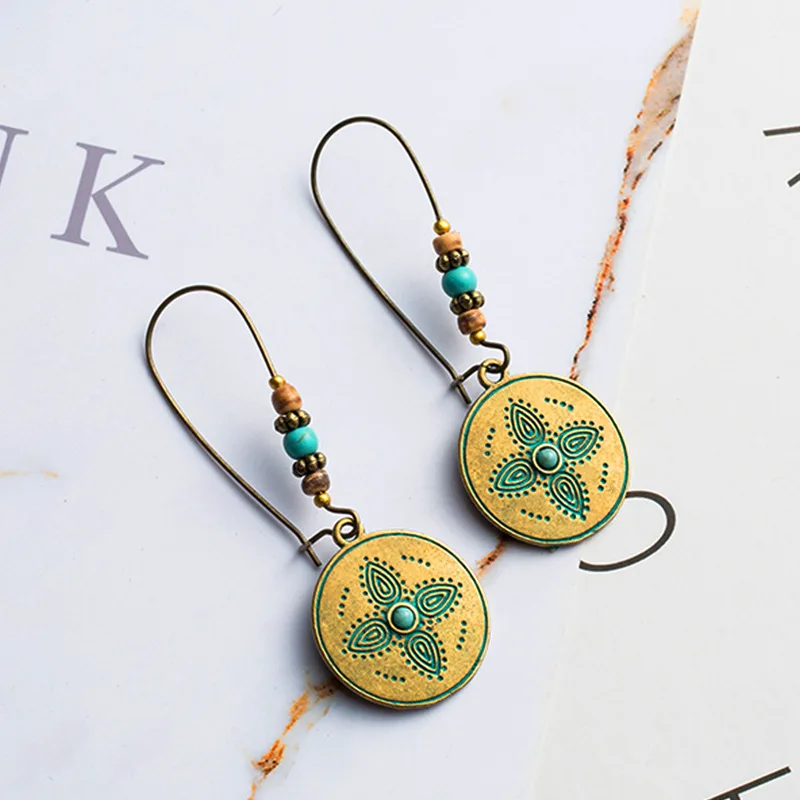 QIANKE Винтаж Большой сплава серьги для Для женщин длинные этнические Boho Бронзовый