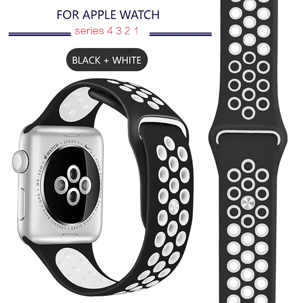 black white Ремешок для Apple Watch 4, 3, 2, 1, ремешок 38 мм, 40 мм, силиконовый браслет 42 мм, 44 мм, ремешок из резины iwatch 4, 3, 2, ремешок, браслеты - Band Color: black white