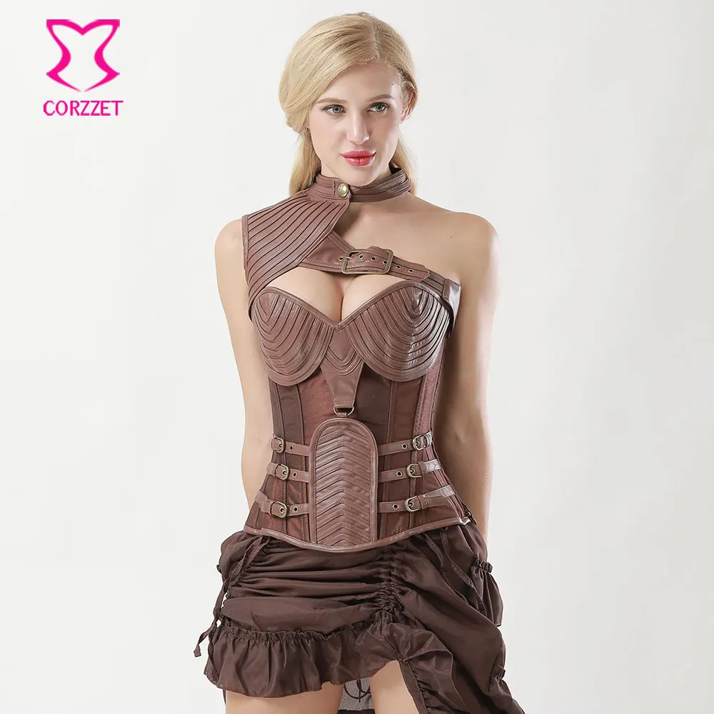 

6XL Brown Leather Armor Steampunk Corset Steel Bone Plus Size Corsets And Bustiers Vintage Gothic Clothing Corpetes E Corselet