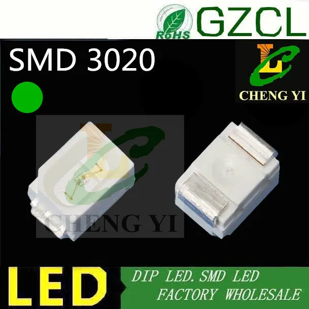 Бесплатная доставка чип led 3 0*2 0 мм smd 1000-1200mcd 3020 (CE &amp Rosh) чистый зеленый | Лампы и